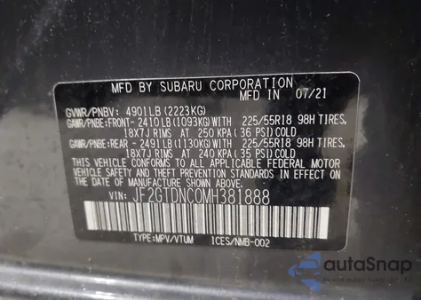 2021 Subaru Crosstrek Hybrid z USA, uszkodzony, nr VIN JF2GTDNC0MH381888